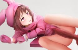 Rule 34 | 1girl, blush, bottomless, brown hair, censored, disembodied penis, drooling, erection, ginhaha, gloves, hat, heart, heart-shaped pupils, hood, hoodie, llenn (sao), long sleeves, lying, mosaic censoring, on side, penis, pink eyes, pink gloves, pink headwear, saliva, simple background, solo focus, sword art online, sword art online alternative: gun gale online, symbol-shaped pupils