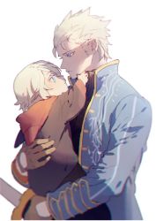 Rule 34 | 2boys, age difference, aged down, blue coat, blue eyes, blush, brown gloves, closed mouth, coat, devil may cry (series), father and son, gloves, holding, holding person, holding sword, holding weapon, ichi (vkvksrp), katana, multiple boys, nero (devil may cry), parted lips, simple background, sword, vergil (devil may cry), weapon, white background, white hair