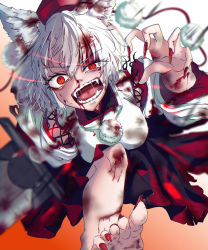 Rule 34 | 1girl, animal ear fluff, animal ears, barefoot, blood, blurry, blurry background, commentary request, crazy eyes, detached sleeves, fingernails, gradient background, hand up, hat, hisuipechika, holding, holding sword, holding weapon, injury, inubashiri momiji, japanese clothes, leg up, looking at viewer, nail, nail polish, open mouth, orange eyes, pom pom (clothes), red hat, saliva, sharp fingernails, sharp teeth, sharp toenails, short hair, simple background, slit pupils, solo, sword, teeth, toenail polish, toenails, tokin hat, tongue, touhou, v-shaped eyebrows, weapon, white hair, wide sleeves