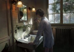 Rule 34 | 1boy, bad id, bad twitter id, bathroom, boxers, brown hair, brushing teeth, commentary request, cup, door, dress shirt, heater, highres, indoors, lights, long sleeves, looking at mirror, male underwear, mirror, open mouth, original, reflection, shirt, sink, teru2307, tile wall, tiles, toilet, toothbrush, toothpaste, tree, underwear, white shirt, window