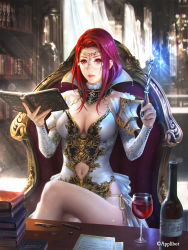 Rule 34 | 1girl, alcohol, armor, book, bookshelf, breasts, cleavage, clothing cutout, cup, curtains, detached collar, detached sleeves, dress, drinking glass, glasses, holding, holding book, holding wand, large breasts, legend of the cryptids, crossed legs, long hair, looking at viewer, multicolored hair, navel, navel cutout, panties, paper, pen, pink lips, purple eyes, purple hair, red hair, rimless eyewear, shuichi wada, side-tie panties, spell, sunlight, table, underwear, wand, white dress, window, wine, wine glass