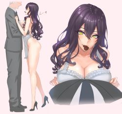 Rule 34 | 1boy, 1girl, age difference, apron, black footwear, breasts, business suit, candy, chocolate, chocolate heart, cleavage, clothed male nude female, damegane, food, formal, grey hair, hair between eyes, heart, hetero, high heels, highres, large breasts, light smile, long hair, long legs, looking at viewer, mouth hold, naked apron, nude, old, old man, original, pink background, pov, profile, purple eyes, shoes, simple background, standing, suit, tiptoes, wavy hair, yellow eyes
