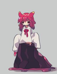 Rule 34 | 1girl, collared shirt, commentary request, dot nose, full body, grey background, hands up, highres, horns, long skirt, long sleeves, loose skirt, medium hair, melting, neck ribbon, no mouth, no sclera, original, pink eyes, pink hair, pink horns, pink ribbon, pink tail, pleated skirt, ribbon, shirt, simple background, skirt, sleeves past fingers, sleeves past wrists, solo, thick eyebrows, uenomigi, wide sleeves