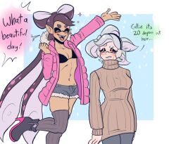 Rule 34 | 2girls, blush, breasts, callie (splatoon), cleavage, closed eyes, cold, english text, highres, jacket, jumping, maddeningtrash, marie (splatoon), medium breasts, multiple girls, nintendo, open clothes, open jacket, short shorts, shorts, splatoon (series), sweater, tentacle hair, turtleneck, twintails
