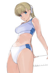 Rule 34 | 1girl, absurdres, blonde hair, blue eyes, buruma, commentary request, cowboy shot, highres, long hair, looking at viewer, mibu natsuki, original, ponytail, simple background, solo, sports bikini, sports bra, standing, track and field, track uniform, white background, white buruma