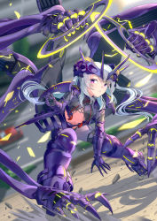 Rule 34 | 1girl, absurdres, armor, armored boots, black thighhighs, blurry, blurry background, bodysuit, boots, breasts, car, commentary request, crop top, extra arms, faulds, full body, gauntlets, hair between eyes, headgear, highres, holding, holding weapon, long hair, looking at viewer, mecha musume, mechanical arms, midriff, morisaki jiro, motor vehicle, navel, original, outdoors, parted lips, purple armor, purple bodysuit, purple eyes, road, shadow, shoulder armor, sidelocks, silver hair, skull, small breasts, solo, street, tassel, thighhighs, twintails, weapon