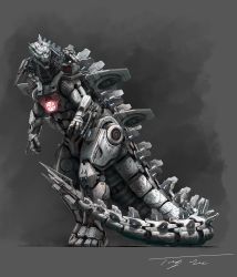 Rule 34 | cannon, claws, clothes iron, commentary, cyberpunk, cyborg, eatalllot, english commentary, full body, giant, glowing, glowing eyes, godzilla (series), grey background, gun, highres, kaijuu, machine, machinery, mecha, mechagodzilla, mechanical, mechanical arms, mechanization, metal, mini wings, monster, no humans, realistic, red theme, robot, scale, science fiction, single mechanical arm, solo focus, tail, weapon, wings, yellow eyes