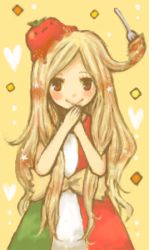 Rule 34 | 1girl, 1st-mn, blonde hair, blush, dress, food, food-themed clothes, food on head, fork, italy, long hair, lowres, object on head, orange eyes, original, pasta-chan, personification, smile, solo, tomato