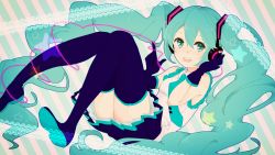 Rule 34 | 1girl, aqua eyes, aqua hair, frills, gloves, hatsune miku, headphones, highres, kise (swimmt), lace, long hair, looking at viewer, necktie, open mouth, pleated skirt, shirt, skirt, sleeveless, smile, solo, star (symbol), striped, striped background, thighhighs, twintails, very long hair, vocaloid, wallpaper, zettai ryouiki