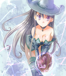 Rule 34 | 1girl, :&lt;, breasts, cleavage, elbow gloves, fantasy earth zero, gloves, hat, large breasts, mofmof (sousa), panties, purple eyes, solo, thighhighs, underwear, witch, witch hat