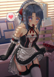 Rule 34 | 1girl, absurdres, alice gear aegis, apron, black gloves, black skirt, blue hair, blush, bow, breasts, cleavage, clothes lift, collarbone, elbow gloves, garter straps, gloves, grey thighhighs, hair between eyes, hair bow, hair intakes, heart, highres, indoors, lifting own clothes, long hair, maid, miniskirt, mouth hold, origami yakko, ponytail, purple eyes, red bow, shiny clothes, shiny legwear, skirt, skirt lift, small breasts, solo, speech bubble, spoken heart, standing, takanashi rei, thighhighs, waist apron, white apron