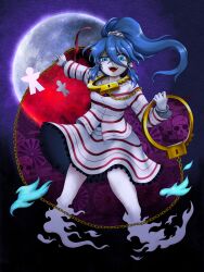 Rule 34 | 1girl, blue eyes, blue hair, breasts, buttons, chain, colored skin, cuffs, frilled skirt, frills, full body, full moon, ghost tail, gloves, grey skin, hair between eyes, hair ornament, hair tubes, handcuffs, high ponytail, highres, holding, holding handcuffs, long sleeves, looking at viewer, miyadeguchi mizuchi, moon, multiple tails, open mouth, parasite oyatsu, purple background, purple ribbon, ribbon, shackles, sharp teeth, shikigami, shirt, sidelocks, skirt, skirt set, skull, skull hair ornament, small breasts, smile, solo, striped clothes, striped shirt, striped skirt, tail, teeth, touhou, two tails, white gloves, white shirt, white skirt
