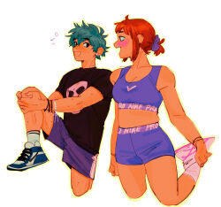 Rule 34 | 1boy, 1girl, alternate hairstyle, beybuniki, black eyes, black shirt, boku no hero academia, bracelet, breasts, cleavage, commentary, cropped legs, earrings, english commentary, flying sweatdrops, green hair, gym shorts, highres, jewelry, medium breasts, midoriya izuku, multiple earrings, nike (company), purple footwear, red hair, shirt, shoes, short ponytail, shorts, skull print, sneakers, sports bra, standing, standing on one leg, stretching, t-shirt, uraraka ochako