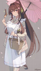 1girl absurdres alternate_costume apron breasts brown_hair cherry_blossoms fish floral_print floral_print_kimono flower green_kimono green_ribbon hair_flower hair_intakes hair_ornament hair_ribbon highres himeyamato holding holding_skewer holding_umbrella japanese_clothes kantai_collection kimono large_breasts long_hair pink_umbrella ponytail print_kimono red_eyes ribbon saury sidelocks skewer smile solo umbrella very_long_hair white_apron wide_sleeves yamato_(kancolle)