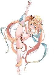 Rule 34 | 1girl, absurdres, alternate costume, alternate hairstyle, animal ear fluff, animal ears, arabian clothes, armpits, blue archive, blue eyes, blush, breasts, bug, butterfly, cat ears, cat girl, cat tail, cross, crotchless, crotchless panties, dancer, detached sleeves, gloves, gluteal fold, hair ornament, halo, highres, holding own leg, insect, long hair, looking at viewer, mari (blue archive), micro bra, navel, orange hair, panties, partially fingerless gloves, partially visible vulva, pearl thong, revealing clothes, rinringyo, small breasts, smile, split, standing, standing on one leg, standing split, stirrup legwear, tail, thighhighs, toeless legwear, twintails, underwear, v, very long hair, yellow halo