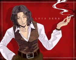 Rule 34 | 1boy, ajent n, belt, brown hair, capcom, character name, cigarette, long hair, luis sera, male focus, one eye closed, open mouth, red background, resident evil, resident evil 4, smoke, solo, yellow eyes