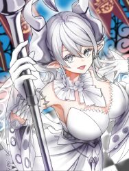 Rule 34 | 1girl, armpits, breasts, cleavage, demon girl, demon horns, demon wings, detached collar, dress, duel monster, earrings, gloves, grey eyes, grey hair, highres, holding, holding weapon, horns, jewelry, large breasts, looking at viewer, lovely labrynth of the silver castle, medium hair, mukiryoku, pointy ears, slit pupils, solo, strapless, strapless dress, transparent wings, upper body, weapon, white dress, white gloves, wings, yu-gi-oh!