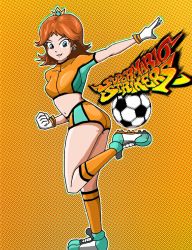 Rule 34 | 1girl, absurdres, artist request, ass, ball, breasts, brown hair, crown, earrings, flower earrings, grin, highres, jewelry, looking at viewer, mario (series), midriff, nintendo, princess daisy, procreate (medium), procreate (software), shorts, smile, soccer ball, solo, source request, super mario strikers, tomboy