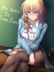 Rule 34 | 1girl, aqua eyes, black pantyhose, blush, breasts, chalkboard, character name, ellen baker, english text, fi-san, highres, huge breasts, long hair, looking at viewer, low ponytail, naughty face, new horizon, pantyhose, scrunchie, sitting, smile, solo, teacher