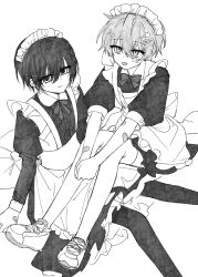 Rule 34 | 2boys, apron, bandaid, bandaid on arm, bandaid on cheek, bandaid on face, bandaid on hand, black bow, black bowtie, black hair, black pantyhose, bow, bowtie, cropped legs, crossdressing, full body, grey hair, highres, juliet sleeves, long sleeves, looking at viewer, maid apron, maid headdress, monochrome, multiple boys, multiple hairpins, on floor, original, own hands together, pantyhose, puffy sleeves, quzie, shoes, short hair, sitting, sitting on person, smile, sneakers, thighhighs, tongue, tongue out, tsurime, white thighhighs