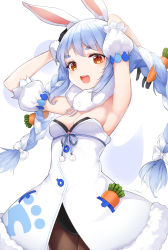 Rule 34 | 1girl, :d, animal ear fluff, animal ears, armpits, black gloves, black pantyhose, blue hair, bow, breasts, carrot hair ornament, cleavage, commentary request, food-themed hair ornament, gloves, hair bow, hair ornament, highres, hololive, long hair, looking at viewer, medium breasts, multicolored hair, open mouth, pantyhose, rabbit ears, rabbit girl, red eyes, simple background, smile, snozaki, solo, teeth, twintails, two-tone hair, upper teeth only, usada pekora, usada pekora (1st costume), virtual youtuber, white background, white bow, white hair