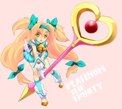 Rule 34 | 1girl, arc system works, bell, blazblue, blonde hair, character name, gloves, hair ribbon, hairband, heart, heart-shaped pupils, hita (hitapita), hitapita, long hair, muchourin, platinum the trinity, quad tails, ribbon, simple background, solo, staff, symbol-shaped pupils, twintails, very long hair