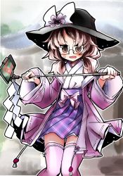Rule 34 | alternate costume, black hat, bow, brown eyes, brown hair, cellphone, commentary request, fifiruu, flower, glasses, hat, hat bow, japanese clothes, long hair, long sleeves, miko, nontraditional miko, open mouth, phone, pink bow, pink thighhighs, plaid, plaid skirt, purple skirt, selfie stick, shide, skirt, smartphone, sweatdrop, thighhighs, touhou, twintails, usami sumireko
