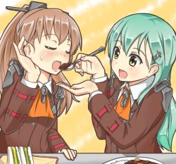 Rule 34 | 10s, 2girls, ascot, blush, brown hair, curry, curry rice, closed eyes, feeding, food, green eyes, green hair, hair ornament, hairclip, hawe king, high ponytail, kantai collection, kumano (kancolle), long hair, long sleeves, multiple girls, open mouth, ponytail, rice, sandwich, school uniform, suzuya (kancolle), sweat