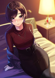 Rule 34 | 1girl, absurdres, alcohol, bed, black pantyhose, black skirt, blush, brown hair, commentary request, cup, earrings, from above, glass, highres, jacket, unworn jacket, jewelry, kagematsuri, lampshade, looking at viewer, necklace, office lady, original, pantyhose, parted lips, pencil skirt, red eyes, red sweater, ribbed sweater, short hair, skirt, solo, sweater, swept bangs