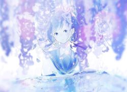 Rule 34 | 1girl, abstract, amenomori howa, blue eyes, blue hair, blue theme, blush, flower, frown, head tilt, light particles, long hair, looking at viewer, muted color, original, partially submerged, school uniform, serafuku, solo, summer uniform, twintails, upper body, water, wisteria