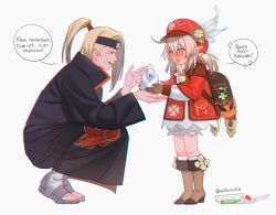 Rule 34 | 1boy, 1girl, akatsuki (naruto), akatsuki uniform, blonde hair, bomb, boots, brown bag, brown footwear, clover, clover print, crayon, crossover, deidara (naruto), dress, explosive, extra minta, fold-over boots, four-leaf clover, genshin impact, hair over one eye, hat, hat feather, high ponytail, highres, klee (genshin impact), kneeling, long hair, low twintails, medium hair, naruto, naruto (series), paper, pocket, pointy ears, red dress, red headwear, short twintails, trait connection, twintails, very long hair