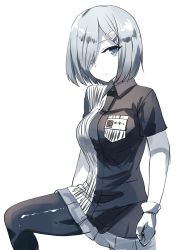 Rule 34 | 1girl, alternate costume, bad id, bad twitter id, belko, black pantyhose, blue eyes, breasts, closed mouth, collared shirt, expressionless, gloves, hair ornament, hair over one eye, hairclip, hamakaze (kancolle), kantai collection, knee up, large breasts, lawson, limited palette, looking at viewer, pantyhose, pleated skirt, shirt, short hair, short sleeves, silver hair, simple background, skirt, solo, white background, white gloves