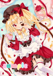 Rule 34 | 1girl, ;3, adapted costume, apron, black bow, black hat, blonde hair, blush, bow, box, candy, chocolate, chocolate heart, closed mouth, clothes lift, commentary request, dutch angle, fang, feet out of frame, flandre scarlet, flower, food, frilled apron, frilled pillow, frilled skirt, frills, from above, gift, hair between eyes, hair bow, hair spread out, hands up, happy, hat, head on pillow, heart, heart-shaped box, highres, holding, holding chocolate, holding food, holding gift, komeiji koishi, long hair, long sleeves, looking at viewer, lying, marker (medium), mob cap, on back, on bed, one eye closed, panties, panty peek, pillow, red bow, red eyes, red flower, red ribbon, red rose, red shirt, red skirt, ribbon, rose, sample watermark, shirt, side ponytail, skin fang, skirt, skirt lift, smile, solo, thighhighs, touhou, traditional media, underwear, valentine, watermark, white apron, white panties, white thighhighs, yellow bow, yuiki (cube)