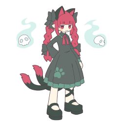 Rule 34 | 1girl, :3, acid burritos, animal ears, black bow, black dress, black footwear, bow, braid, cat ears, cat girl, cat tail, closed mouth, commentary, dress, english commentary, extra ears, full body, hair bow, highres, hitodama, kaenbyou rin, long hair, long sleeves, looking at viewer, multiple tails, red eyes, red hair, side braids, simple background, skull, solo, standing, tail, touhou, twin braids, two tails, white background
