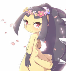 Rule 34 | 1girl, alternate color, ass, black hair, cherry blossoms, creatures (company), extra mouth, fangs, flower, from behind, game freak, gen 3 pokemon, hair flower, hair ornament, head wreath, horns, long hair, looking back, mawile, nintendo, no humans, petals, pokemon, pokemon (creature), ponytail, red eyes, single horn, smile, solo, teeth, yuuki (yuyuki000)