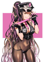 Rule 34 | 1girl, artist request, bad id, bad pixiv id, bare shoulders, bikini, black bikini, black gloves, black hair, black hat, black legwear, blush, breasts, cleavage, closed mouth, covered navel, facial mark, fate/grand order, fate (series), fingerless gloves, forehead mark, gloves, halterneck, hat, highres, large breasts, licking lips, long hair, looking at viewer, multicolored hair, nail polish, necktie, parted bangs, pink hair, pink neckwear, police hat, ponytail, sessyoin kiara, sessyoin kiara (swimsuit mooncancer), sessyoin kiara (swimsuit mooncancer) (second ascension), smile, streaked hair, swimsuit, thighs, tongue, tongue out, traffic baton, very long hair, yellow eyes