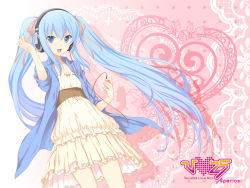 Rule 34 | 1girl, 47agdragon, :d, alternate hair color, blue eyes, blue hair, casual, dress, hair ribbon, hatsune miku, headphones, long hair, matching hair/eyes, open mouth, ribbon, sleeves rolled up, smile, solo, twintails, very long hair, vocaloid