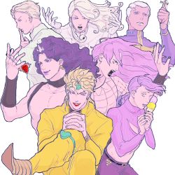 Rule 34 | 6+boys, black lips, blonde hair, cross, dark skin, dark-skinned male, diavolo, dio brando, earrings, enrico pucci, finger to mouth, funny valentine, gloves, green lips, own hands clasped, headband, horns, ice cream cone, jewelry, unworn jewelry, jojo no kimyou na bouken, kars (jojo), kira yoshikage, knee pads, crossed legs, lipstick, long hair, makeup, male focus, mandaman, multiple boys, necklace, unworn necklace, own hands together, pink hair, pointy footwear, purple hair, red lips, red stone of aja, ribbed sweater, shoes, steel ball run, sweater, vinegar doppio, white gloves, white hair