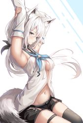 Rule 34 | 1girl, animal ear fluff, animal ears, armpits, arms up, black ribbon, black shorts, black thighhighs, blue neckerchief, breasts, closed mouth, detached sleeves, floating hair, fox ears, fox girl, fox tail, from side, green eyes, hair ribbon, highres, holding own arm, hololive, kaiwa, long hair, looking at viewer, medium breasts, navel, neckerchief, ribbon, shirakami fubuki, shirakami fubuki (1st costume), short shorts, shorts, sideboob, single thighhigh, sitting, solo, stomach, tail, thigh strap, thighhighs, virtual youtuber, white hair