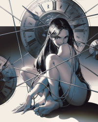 Rule 34 | 1girl, absurdres, bare legs, barefoot, between legs, cable, clock, clock hands, crossed arms, feet, fingernails, full body, gantz, greyscale, hand between legs, highres, leotard, long hair, looking at viewer, mitch mohrhauser, monochrome, nose, realistic, shimohira reika, sidelighting, sitting, soles, solo, toes