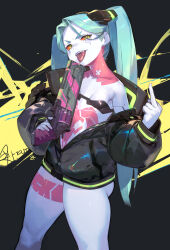 Rule 34 | 1girl, absurdres, artificial eye, black jacket, bra, breasts, colored sclera, colored skin, cyberpunk (series), cyberpunk edgerunners, cyborg, green hair, gun, highres, holding, holding gun, holding weapon, jacket, leg tattoo, long hair, looking at viewer, mechanical eye, middle finger, neck tattoo, open mouth, rebecca (cyberpunk), red sclera, small breasts, smile, so-taro, solo, standing, stomach tattoo, tattoo, thick thighs, thighs, twintails, underwear, weapon, white skin