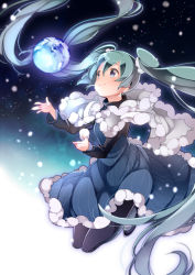 Rule 34 | 1girl, dress, floating hair, hatsune miku, long hair, pantyhose, smile, solo, twintails, umiko (munemiu), very long hair, vocaloid