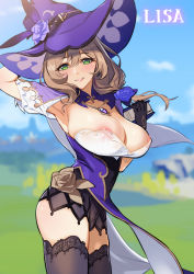 Rule 34 | 1girl, absurdres, areola slip, arm behind head, arm up, armpits, black gloves, black thighhighs, blue sky, blurry, blurry background, book, breasts, brown hair, character name, covered erect nipples, cowboy shot, day, dress, flower, from side, genshin impact, gloves, green eyes, hair between eyes, hand up, hat, hat flower, highres, holding, holding book, large breasts, lisa (genshin impact), long hair, looking at viewer, nipple slip, nipples, no bra, ogre (illustogre), outdoors, parted lips, pelvic curtain, revealing clothes, rose, see-through, sky, smile, solo, standing, thighhighs, thighs, wind, wind lift, witch hat