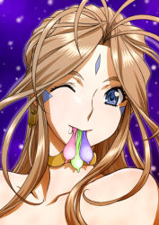 Rule 34 | 1girl, aa megami-sama, antenna hair, bare shoulders, belldandy, blonde hair, blue eyes, close-up, condom, condom in mouth, cum, cum in mouth, earrings, facial mark, highres, jewelry, joy division, long hair, looking at viewer, mouth hold, one eye closed, smile, solo, used condom, wink