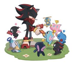 Rule 34 | &gt; &lt;, 1boy, 6+others, animal ears, animal nose, armor, arms up, back, black eyes, black footwear, black fur, blue armor, blue eyes, blue skin, blush stickers, body fur, boots, bracelet, chao (sonic), cheese (sonic), chinese commentary, closed eyes, closed mouth, colored skin, commentary request, covered mouth, dark skin, demon wings, flower, flying, full body, furry, furry male, gloves, gold bracelet, grass, half-closed eyes, halo, happy, hedgehog, hedgehog ears, hedgehog tail, highres, holding, hongbao, jewelry, looking at another, looking down, looking to the side, mechanical arms, mini wings, multicolored footwear, multicolored skin, multiple others, open mouth, pink skin, red eyes, red footwear, red fur, red scarf, red skin, robot, scarf, shadow, shadow the hedgehog, sharp teeth, simple background, smile, sonic (series), standing, tail, teeth, two-tone fur, white background, white footwear, white gloves, wings, yellow eyes, yellow flower, yicuojinan