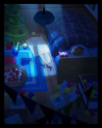 Rule 34 | 1other, ambiguous gender, bed, black border, border, brown hair, christmas ornaments, christmas present, christmas tree, dark, gift, highres, indoors, lying, on bed, on side, original, rug, santa claus, sawitou mizuki, solo, string of flags, table, toy, under covers