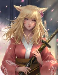 Rule 34 | 1girl, absurdres, animal ears, warrior of light (ff14), blonde hair, blurry, blurry background, cat ears, chuby mi, closed mouth, commission, day, facial mark, final fantasy, final fantasy xiv, flower, hair flower, hair ornament, highres, holding, holding weapon, japanese clothes, katana, kimono, lips, long hair, looking at viewer, miqo&#039;te, petals, slit pupils, solo, sword, upper body, weapon, wind, yellow eyes, yukata