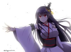 Rule 34 | 10s, 1girl, black hair, breasts, detached sleeves, fusou (kancolle), hair ornament, kantai collection, large breasts, long hair, nontraditional miko, obi, outstretched arm, red eyes, sash, serious, solo, sotogawa max, twitter username, white background