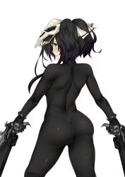 Rule 34 | 1girl, ass, backboob, bba1985, black eyes, black hair, blush, bodysuit, bow, breasts, dual wielding, from behind, frown, gender request, genderswap, gun, hair bow, highres, holding, huge ass, long hair, looking at viewer, looking back, mask, overwatch, overwatch 1, reaper (overwatch), shiny clothes, skin tight, solo, transparent background, twintails, weapon
