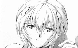 Rule 34 | 1girl, ayanami rei, face, greyscale, holding hands, interface headset, monochrome, neon genesis evangelion, neon genesis evangelion (manga), sadamoto yoshiyuki, simple background, smile, white background